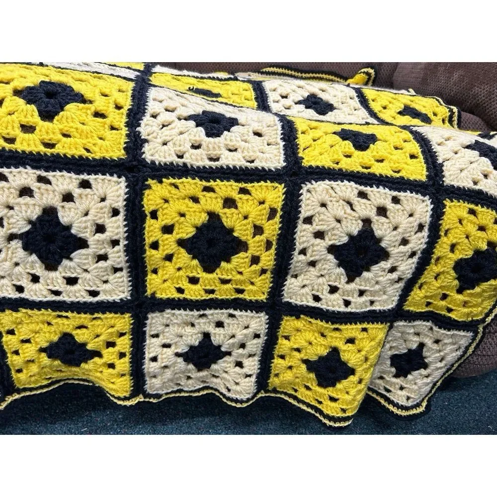 Vintage 70s Colorful Yellow‎ Granny Square Crochet Afghan Throw Blanket 60X36